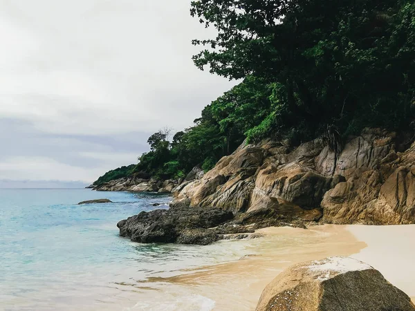 Beautiful Wild Deserted Beach Freedom White Sand Waves Rocks Phuket — Stock Photo, Image