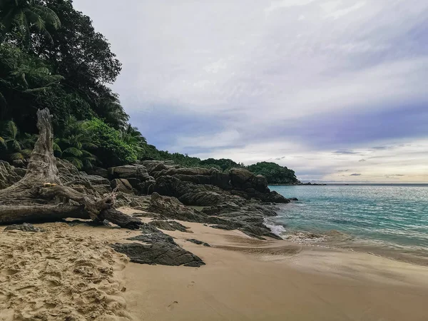 Beautiful Wild Deserted Beach Freedom White Sand Waves Rocks Phuket — Stock Photo, Image