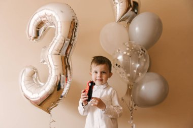 Sevimli çocuk. Doğum gününü kutlayan 3 yaşında, balonlu bir çocuğun fotoğrafı.