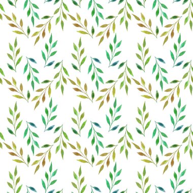 Sorunsuz suluboya desen bırakır. Suluboya elle çizilmiş illüstrasyon izole beyaz arka plan üzerinde. Yaprakları ve dalları için arka plan, duvar kağıdı, tekstil ile Seamless suluboya modeli.