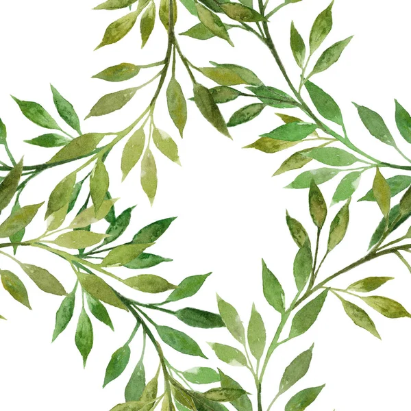 Suluboya çelenk yaprakları ve dalları ile. Suluboya elle çizilmiş illüstrasyon izole beyaz arka plan üzerinde. Arka plan, duvar kağıdı, tekstil, davetiye, tebrik, kağıt ve başka bir şeyler sarma için seamless modeli. Metniniz için çerçeve çiçek.