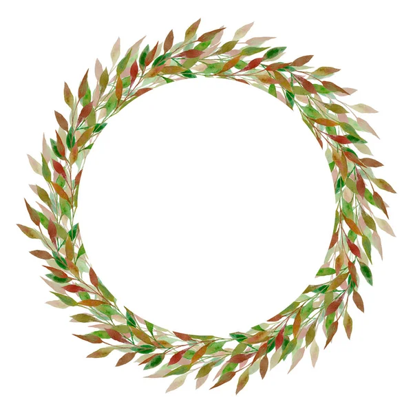 Suluboya çiçek çelenk. Beyaz arka plan üzerinde izole suluboya el çekilmiş yeşillik çelenk. Düğün davetiye, tebrik, kartı, tarihi davet, baskı, posta kartı kaydetmek için kullanılabilir. Metniniz için dalları ile çerçeve.