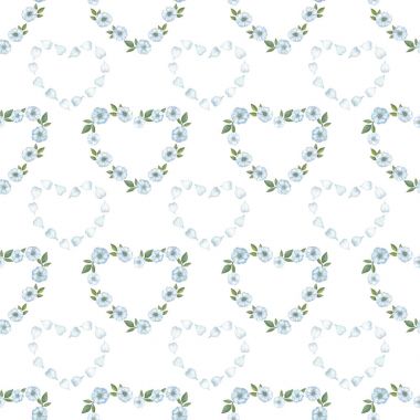 Mavi çiçekler, yaprakları ve yaprak suluboya kalplerinde. Suluboya elle çizilmiş illüstrasyon izole beyaz arka plan üzerinde. Çiçek ve yaprakları için arka plan, duvar kağıdı, tekstil, kart, ile Seamless Modeli yazdırma.