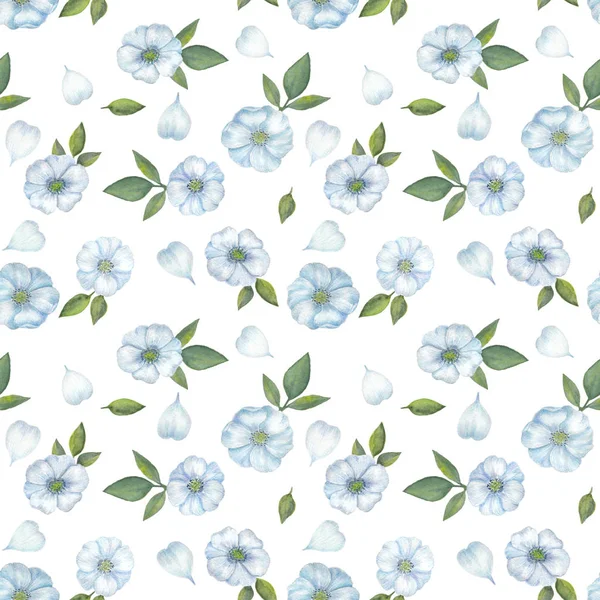 Suluboya mavi çiçek ve yaprakları yaprakları. Suluboya elle çizilmiş illüstrasyon izole beyaz arka plan üzerinde. Çiçek ve yaprakları için arka plan, duvar kağıdı, tekstil, kart, ile Seamless Modeli yazdırma.