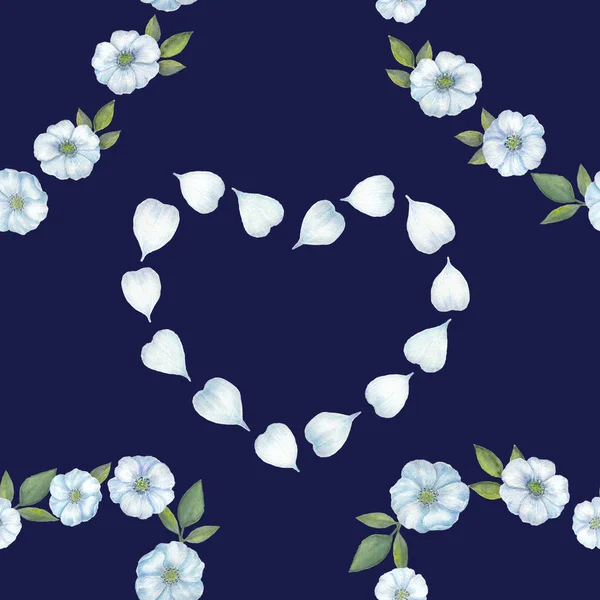 Mavi çiçekler, yaprakları ve yaprak suluboya kalplerinde. Çiçek ve yaprakları için arka plan, duvar kağıdı, tekstil, kart, suluboya el çekilmiş Dikişsiz desen baskı.
