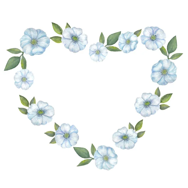 Mavi Çiçek Yaprak Suluboya Kalbinde Suluboya Elle Çizilmiş Illüstrasyon Izole — Stok fotoğraf