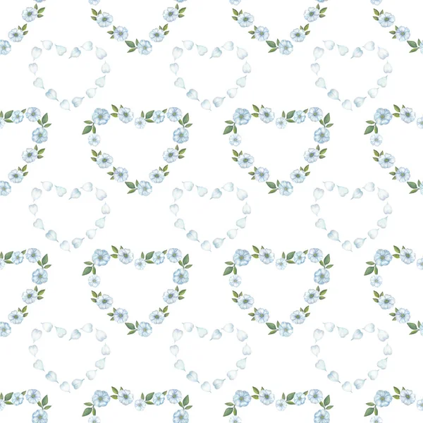 Mavi çiçekler, yaprakları ve yaprak suluboya kalplerinde. Suluboya elle çizilmiş illüstrasyon izole beyaz arka plan üzerinde. Çiçek ve yaprakları için arka plan, duvar kağıdı, tekstil, kart, ile Seamless Modeli yazdırma.