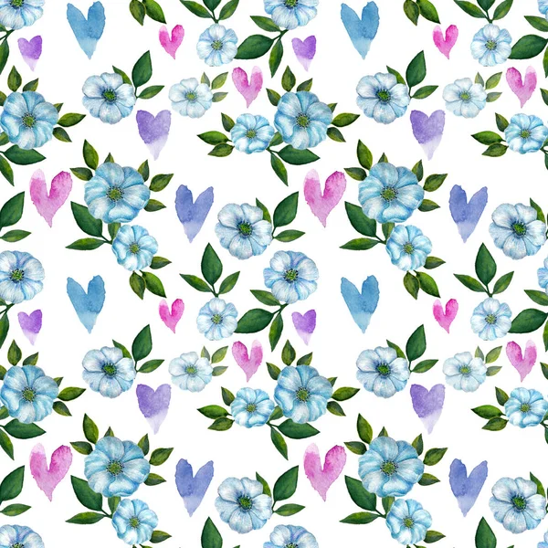 Aquarell Blaue Blüten Blätter Und Bunte Herzen Abstraktes Handgezeichnetes Nahtloses — Stockfoto
