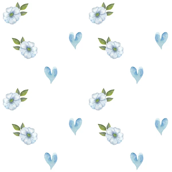 Aquarela Flores Azuis Folhas Corações Coloridos Padrão Sem Costura Desenhado Imagens De Bancos De Imagens