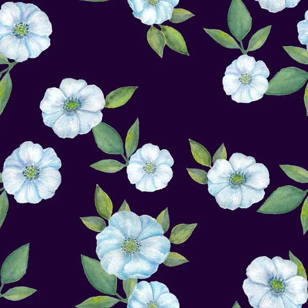 Suluboya mavi çiçekler ve yapraklar. Suluboya el çekilmiş seamless modeli çiçekler, yapraklar için arka plan, duvar kağıdı, tekstil, kart, ambalaj kağıdı, ile yazdırma.