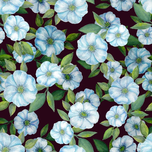 Suluboya mavi çiçekler ve yapraklar. Suluboya el çekilmiş seamless modeli çiçekler, yapraklar için arka plan, duvar kağıdı, tekstil, kart, ambalaj kağıdı, ile yazdırma.