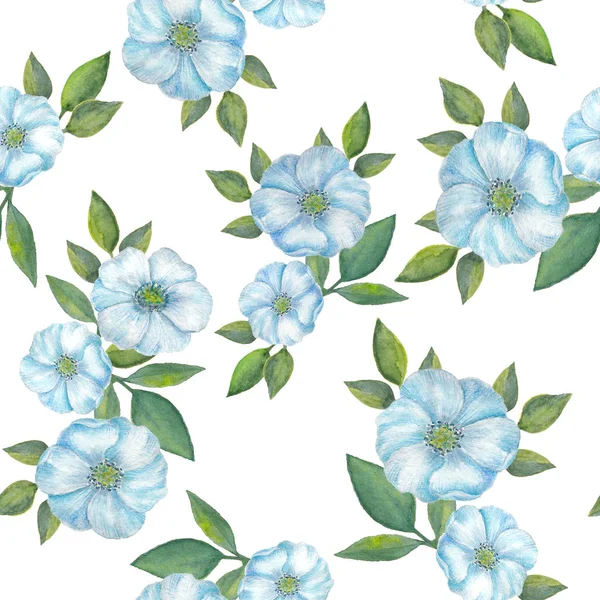 Suluboya mavi çiçekler ve yapraklar. Suluboya elle çizilmiş illüstrasyon izole beyaz arka plan üzerinde. Baskı çiçekler ile seamless modeli, arka plan, duvar kağıdı, tekstil, kağıt, ambalaj, kartı için yaprakları.