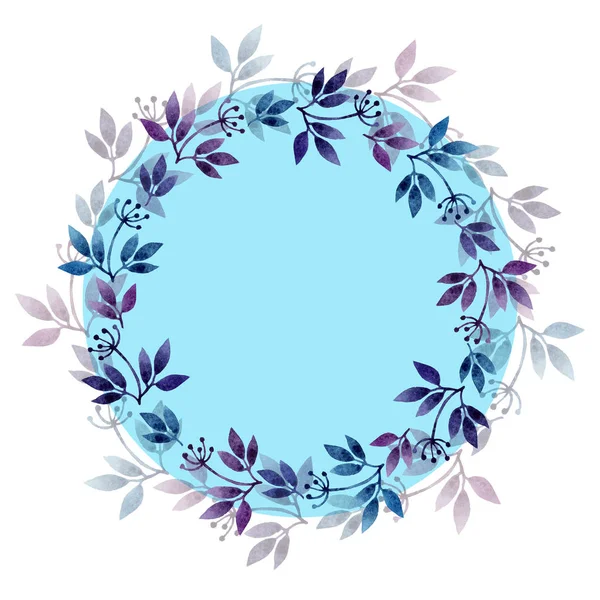 Suluboya çerçeve çelenk. Suluboya elle çizilmiş illüstrasyon izole beyaz arka plan üzerinde. Çelenk yaprakları, düğün, tebrik kartları, tarihi daveti Kaydet için dalları ile yazdırır, kartpostallar ve diğer şeyler seni hayal edebiliyorum. Metniniz için çerçeve.