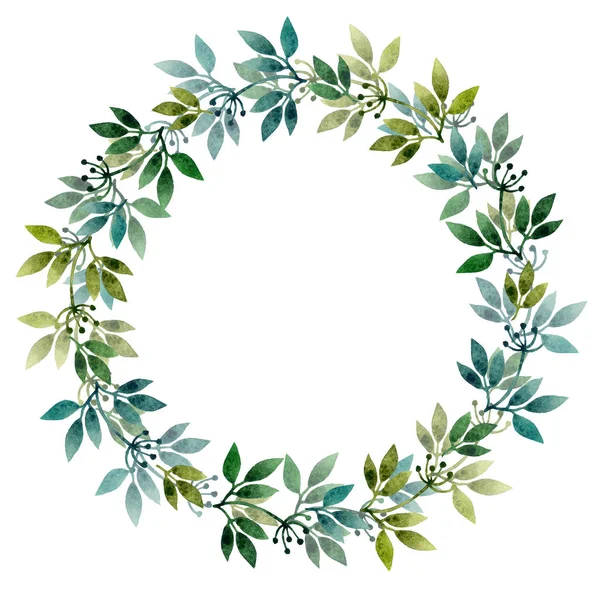 Suluboya çerçeve çelenk. Suluboya elle çizilmiş illüstrasyon izole beyaz arka plan üzerinde. Çelenk yaprakları, düğün, tebrik kartları, tarihi daveti Kaydet için dalları ile yazdırır, kartpostallar ve diğer şeyler seni hayal edebiliyorum. Metniniz için çerçeve.