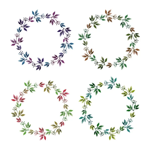 Suluboya çerçeve çelenk. Suluboya elle çizilmiş illüstrasyon izole beyaz arka plan üzerinde. Çelenk yaprakları, düğün, tebrik kartları, tarihi daveti Kaydet için dalları ile yazdırır, kartpostallar ve diğer şeyler seni hayal edebiliyorum. Metniniz için çerçeve.