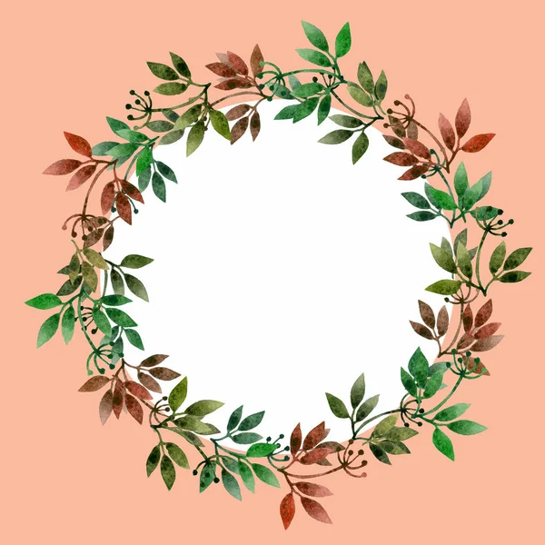 Suluboya çerçeve çelenk. Suluboya elle çizilmiş illüstrasyon izole beyaz arka plan üzerinde. Çelenk yaprakları, düğün, tebrik kartları, tarihi daveti Kaydet için dalları ile yazdırır, kartpostallar ve diğer şeyler seni hayal edebiliyorum. Metniniz için çerçeve.