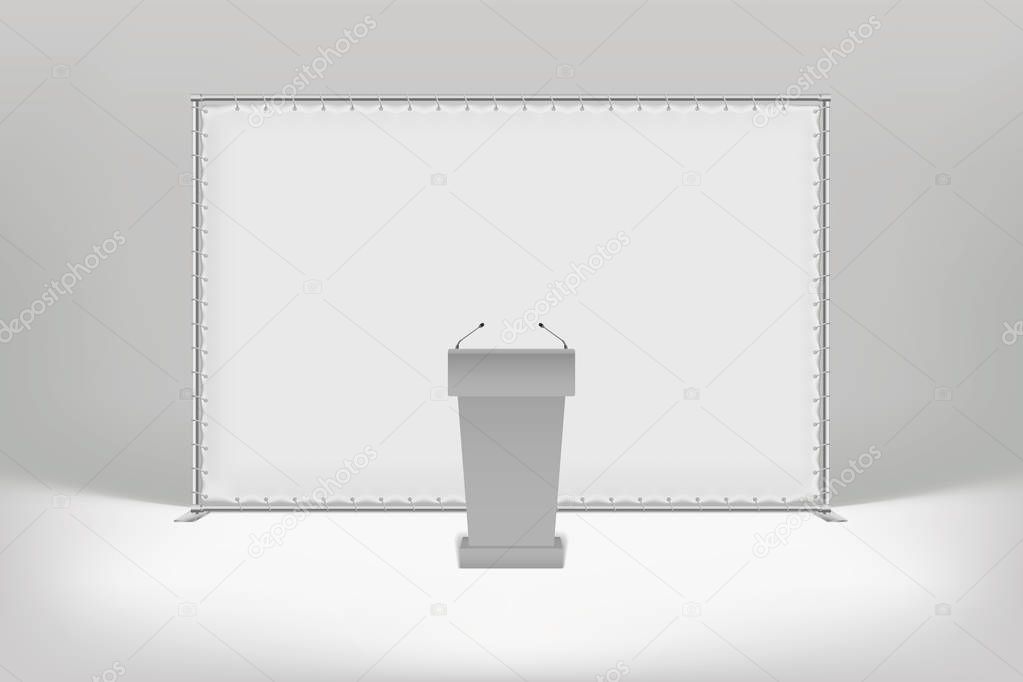 White press wall with metal tubes. Tribune with microphones. Eps10 Vector.