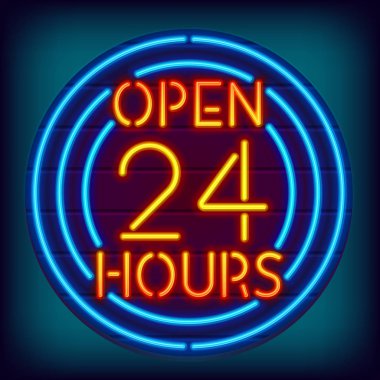 24 Saat Açık neon tabela. Metin ile parlayan çevreler. Gece mağaza neon tabela. Ahşap bir tabela Vintage parlayan logo. Eps10 vektör
