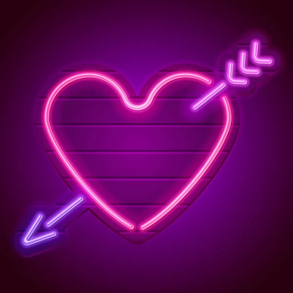 Neon Heart Pierced Arrow Glowing Neon Signboard Happy Valentine Day — Stock Vector