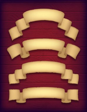 Set of aged paper ribbons on a dark wooden background. Curved old banners. Textured old paper scrolls. Eps10 vector clipart