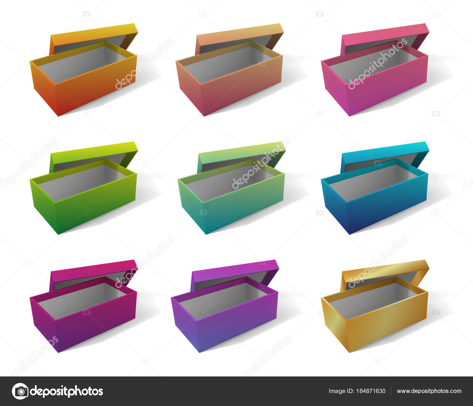 Set Nine Realistic Colorful Empty Boxes Isolated White Background ...