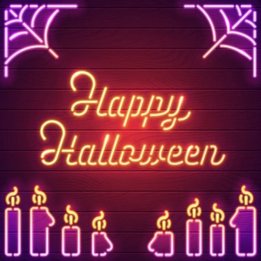 Mutlu Cadılar Bayramı neon illüstrasyon. Parlayan halloween metin arka plan. Neon yazı örümcek ağı ve mum. Eps10 vektör