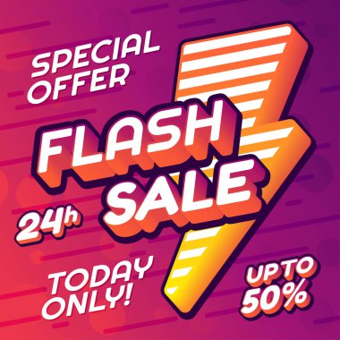 Renkli dinamik arka planda flaş satışı afişi. 3D flaş ikonlu karikatür tarzı harfler. Eps10 vektörü