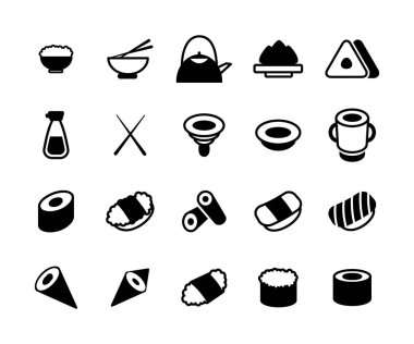 Tek renkli Japon yiyecek ve suşi simgeler kümesi. Yemek çubukları, kase wasabi, soya, sos, rulo, meze, balık, pirinç, sashimi ve daha fazlası.
