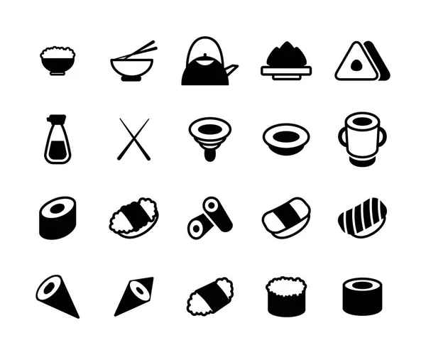 Conjunto Comida Japonesa Monocromática Iconos Sushi Palillos Tazones Con Wasabi — Archivo Imágenes Vectoriales
