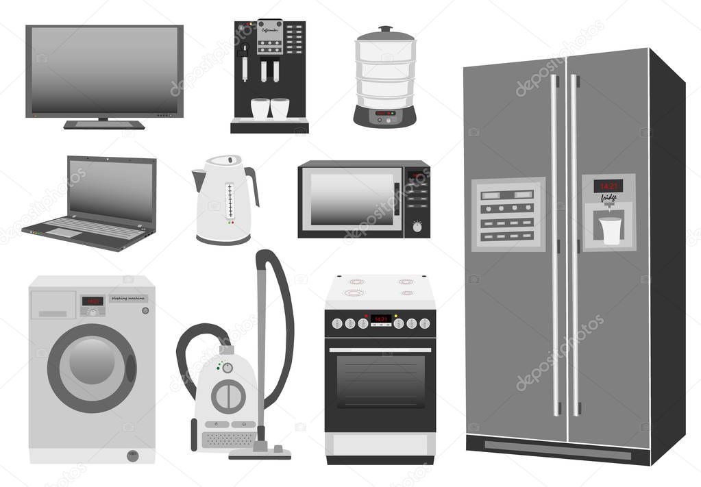 Set of colored home appliances: kitchen stove, refrigerator, microwave, washing machine, vacuum cleaner, electric kettle, steamer, coffee machine, TV, laptop