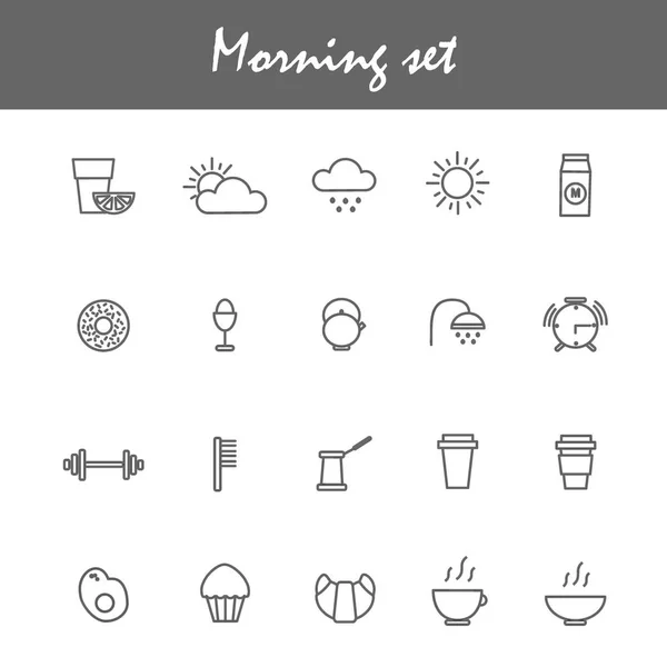 Iconos de la mañana con café, té, desayuno, deportes, pastel, donut — Archivo Imágenes Vectoriales