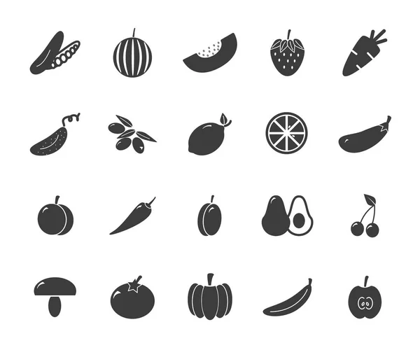 Conjunto de iconos vegetales monocromáticos. Tomate, berenjena, manzana, limón, pepino, fresa y más . — Archivo Imágenes Vectoriales