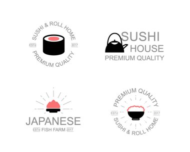 Vintage Japon yiyecek ve suşi, wasabi, soya, sos, rulo, aperatif, pirinç logo. Amblemler, etiketleri ve rozetleri ve diğer marka nesneleri.