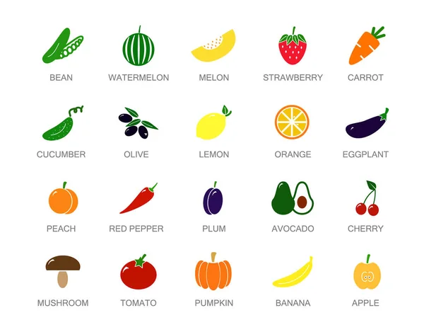 Set farbiger Gemüse- und Obstsymbole mit Titeln. Karotte, Tomate, Paprika, Aubergine, Apfel, Gurke, Kohl, Erdbeere, Kirsche, Zitrone, Orange, Erbse, Melone, Wassermelone, Kürbis, Avocado, Banane. — Stockvektor