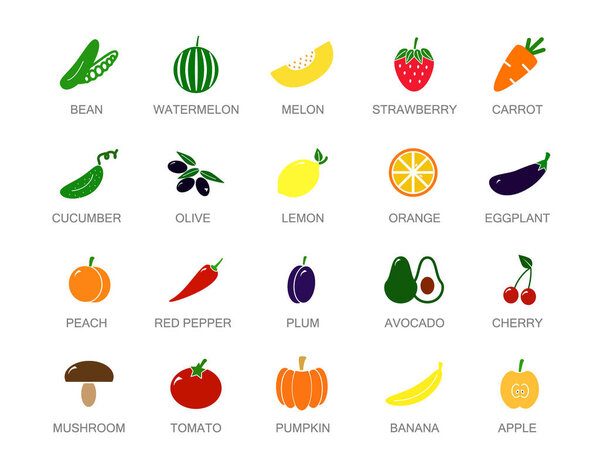 Set of colored vegetable and fruit icons with titles. Carrot, tomato, pepper, eggplant, apple, cucumber, cabbage, strawberry, cherry, lemon, orange, pea, melon, watermelon, pumpkin, avocado, banana.