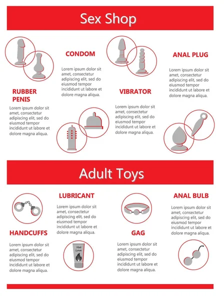 Infographic van rode en grijze seks speelgoed vibrator met handboeien, penis, Anaal plug, condoom — Stockvector