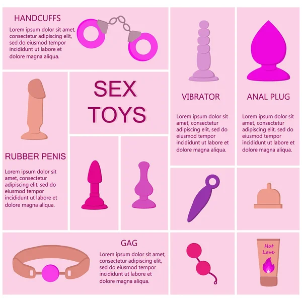 Info afbeelding van gekleurde seks speelgoed vibrator met handboeien, penis, Anaal plug, condoom — Stockvector