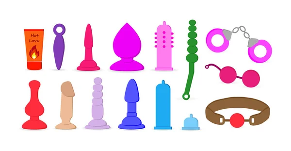 Set of colored sex-toys vibrator, handcuffs, penis, anal plug, condom — Stock Vector