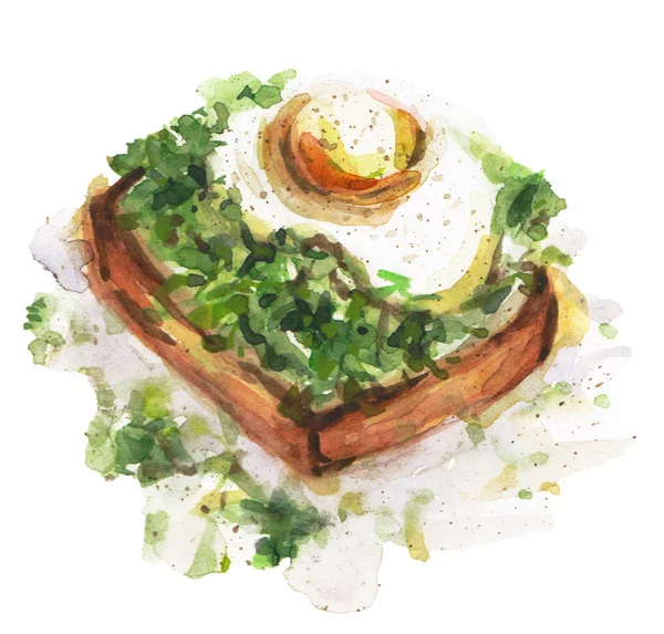 Frukost Målade Akvarell Toast Med Äggröra Med Gröna — Stock vektor