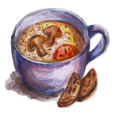 Mantar kremalı çorba domatesli ve otlar bir fincan