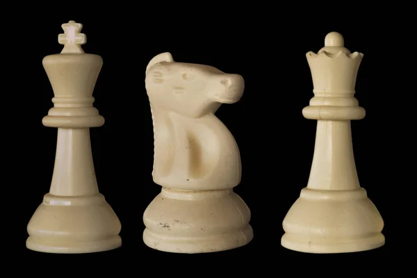 Шахматные Фигуры Белый Король Конь Королева Чёрный Фон — стоковое фото
