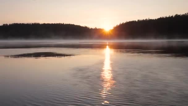 In the Siberian taiga in the early morning at dawn the sun's rays are reflected in the surface of the river — Stock Footage Siberian Taiga Early Morning Dawn Sun Rays Reflected Surface River Royalty Free Stock Footage