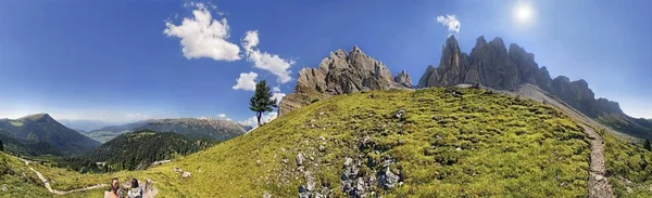360 Panoramic View Mittagsscharte Gorge Geisler Mountains Villnoesstal Valley Puez — Stock Photo, Image