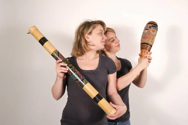 Irmãs Gêmeas Segurando Instrumentos Musicais Chocalhos — Fotografia de Stock