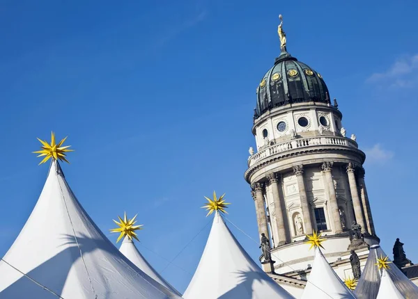 Tops of the tents of the Berlin Christmas Market in front of the Konzerthaus Berlin concert hall on Gendarmenmarkt square, Berlin, Germany, Europe