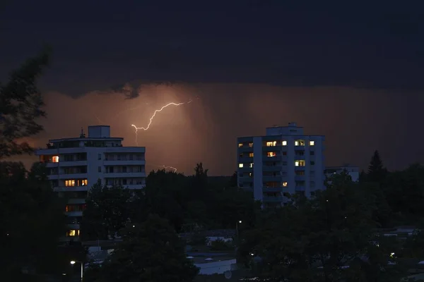 Night scene, lightning, thunderstorm, severe weather, town of Mittelberg, Biberach an der Riss, Upper Swabia, Baden-Wuerttemberg, Germany, Europe