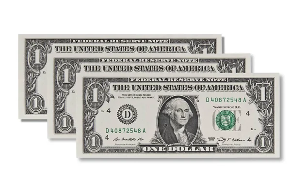 Drei Ein Dollar Scheine Isoliert Auf Weißem Hintergrund — Stockfoto