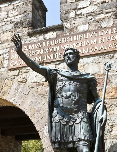 Bronze statue of the Roman emperor Augustus at the entrance of the reconstructed Saalburg Roman fort, Limes, UNESCO World Heritage Site, Taunus region, Hesse, Germany, Europe, PublicGround, Europe