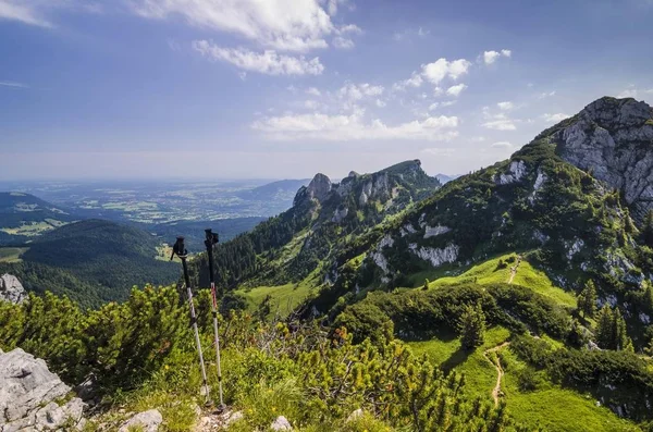 Hiking Trail Walking Sticks Benediktenwand Mountain Ridge Bavaria Germany Europe — Stock Photo, Image