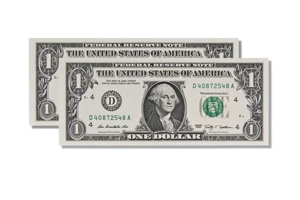 Duas Notas Dólar Isoladas Fundo Branco — Fotografia de Stock